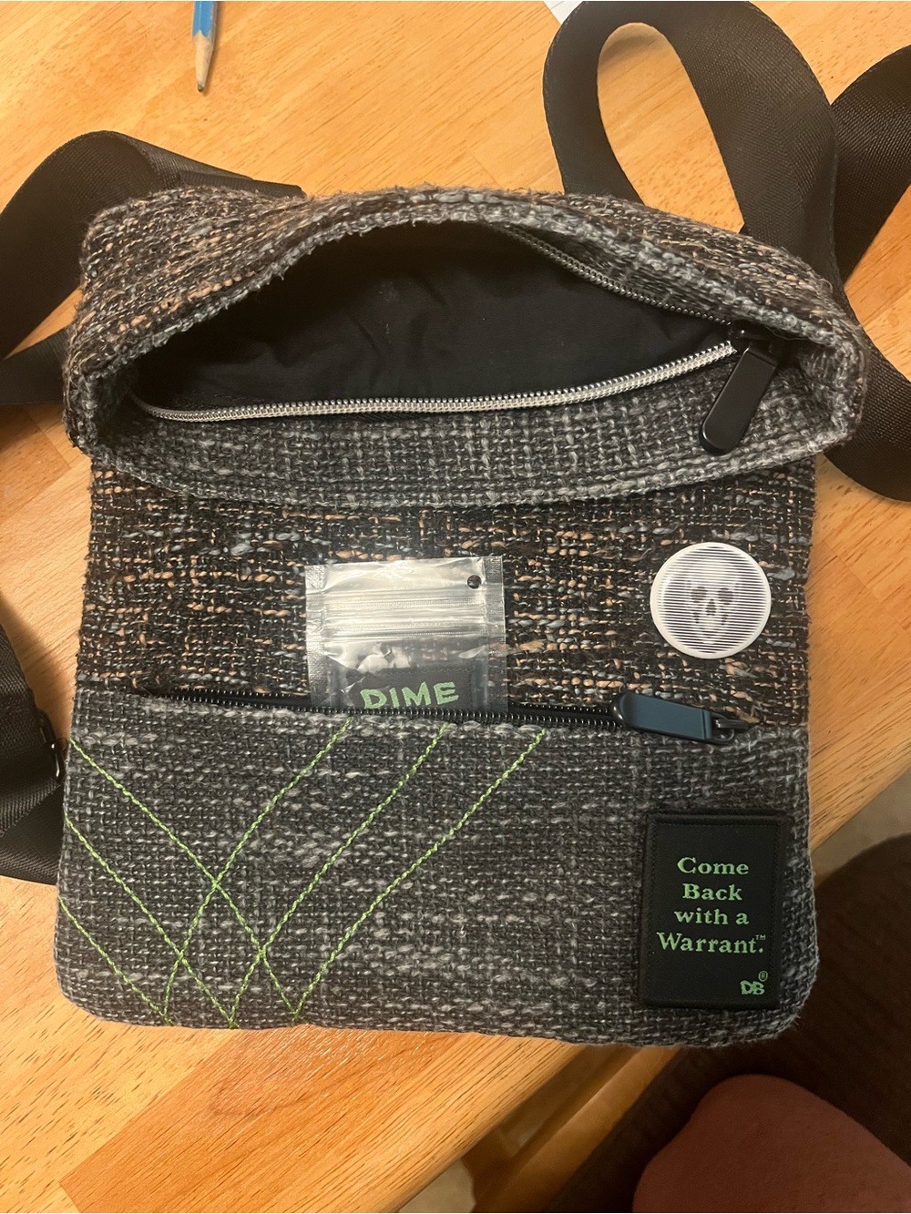 Gray Crossbody Bag with Neon Green Stitching by